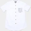 Men moleyapparels | Floral Print Pocket Mandarin Collar Short Sleeve Shirt White (Men'S Shirt)