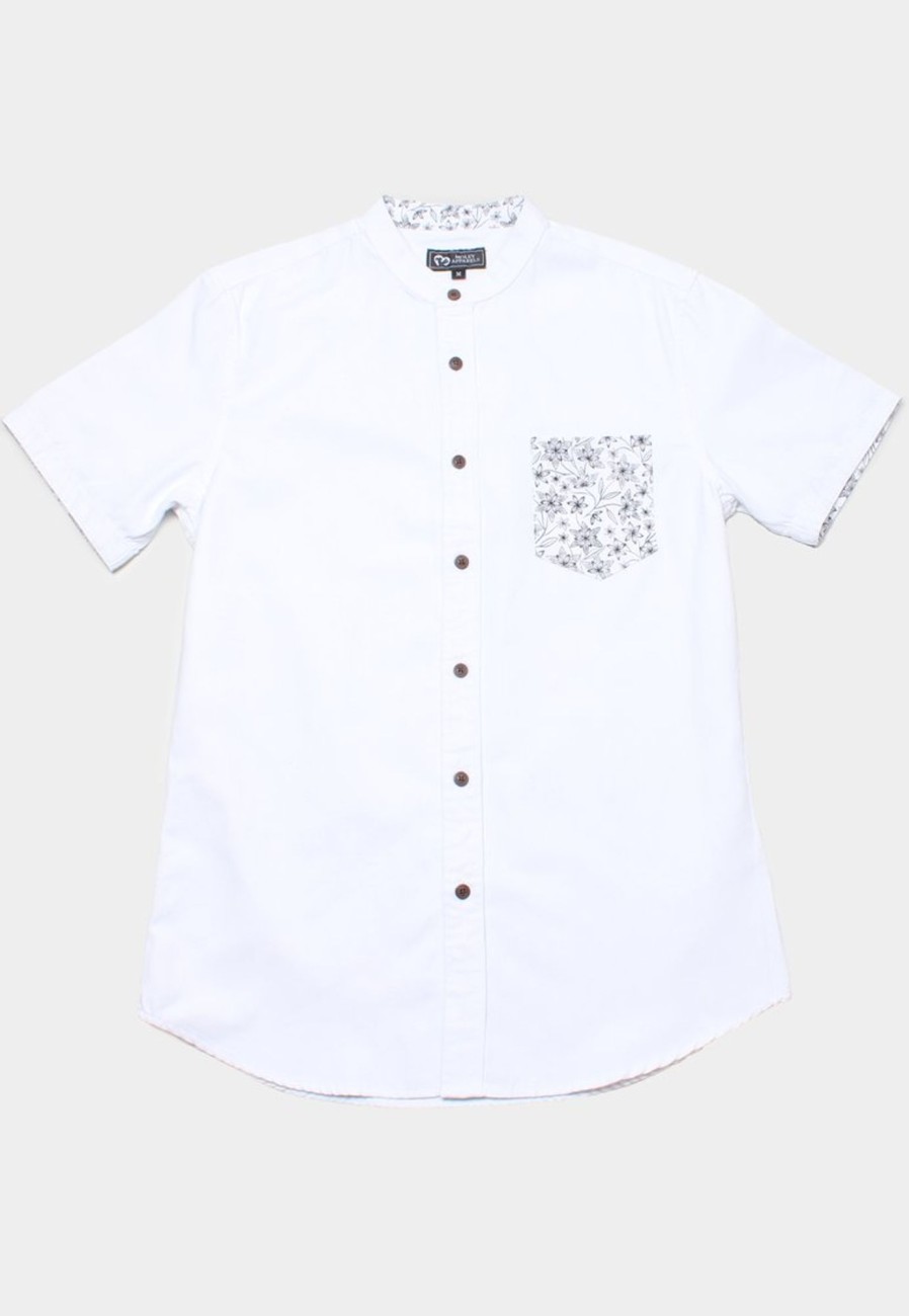 Men moleyapparels | Floral Print Pocket Mandarin Collar Short Sleeve Shirt White (Men'S Shirt)