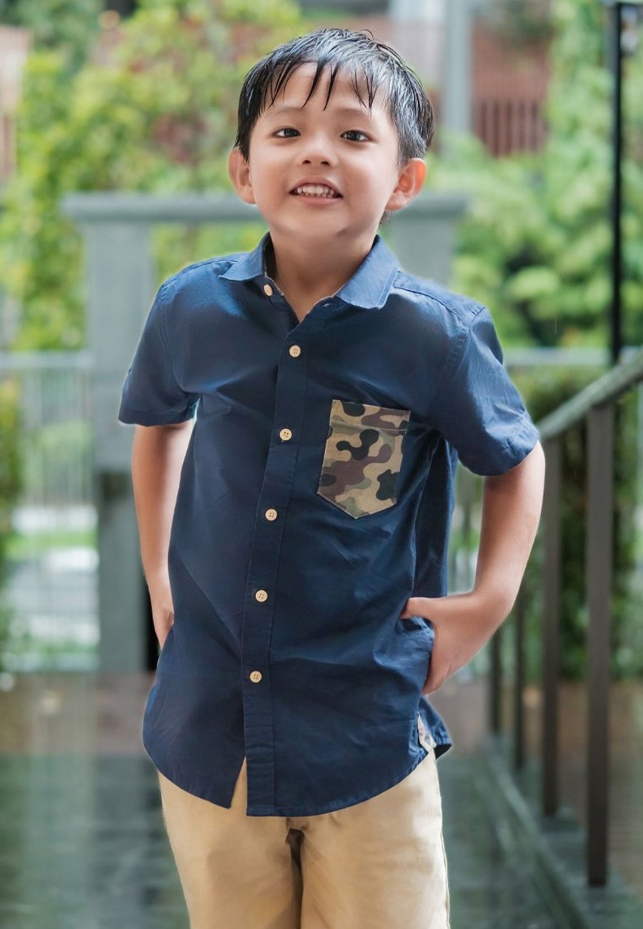 Matching Sets moleyapparels | Camo Detailed Premium Short Sleeve Shirt Navy (Boy'S Shirt)