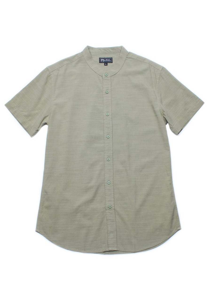 Men moleyapparels | Linen Premium Mandarin Collar Short Sleeve Shirt Green (Men'S Shirt)