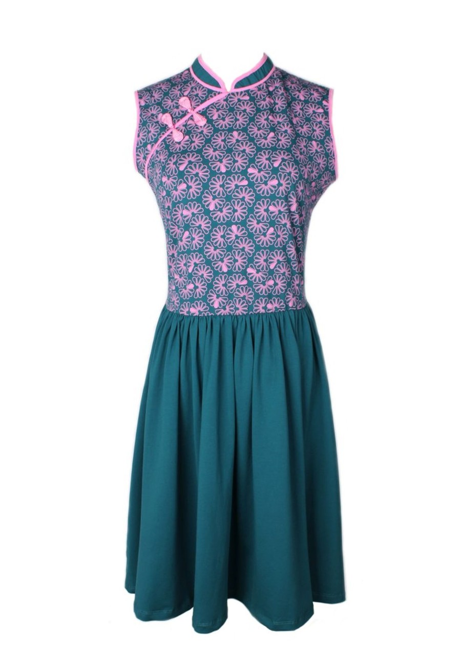 Ladies moleyapparels | Floral Patterned Print Cheongsam Inspired Dress Turquoise (Ladies' Dress)