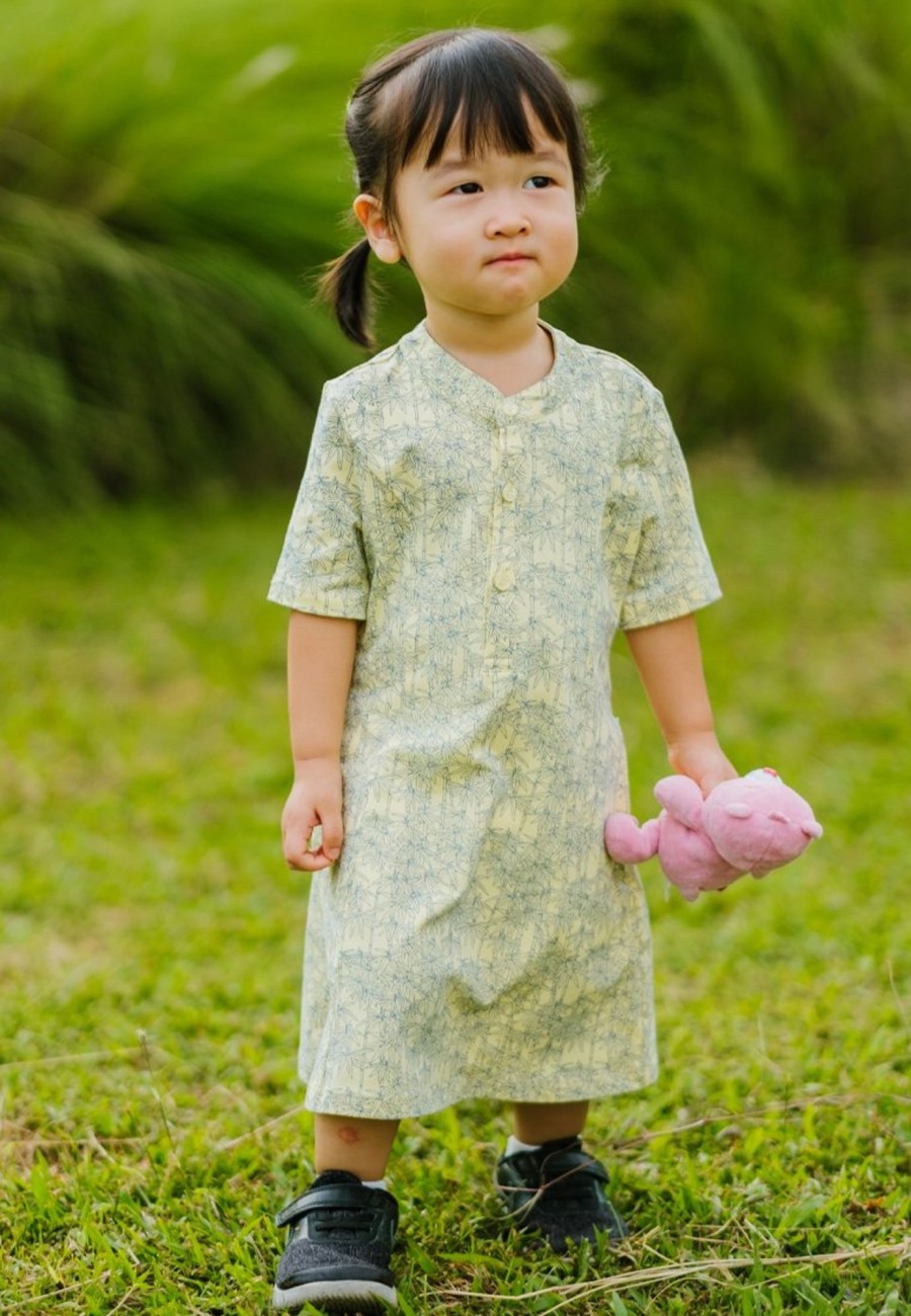 Matching Sets moleyapparels | Bamboo Print Half-Button Down Dress Yellow (Girl'S Dress)