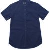 Men moleyapparels | Linen Premium Mandarin Collar Short Sleeve Shirt Navy (Men'S Shirt)