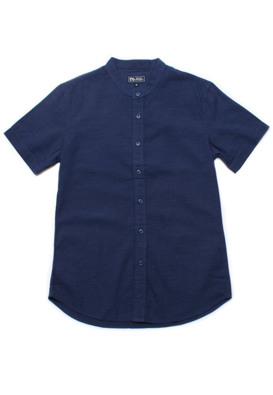 Men moleyapparels | Linen Premium Mandarin Collar Short Sleeve Shirt Navy (Men'S Shirt)