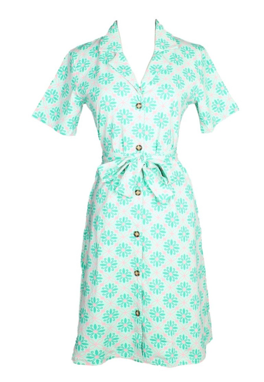 Matching Sets moleyapparels | Peranakan Inspired Print Button Down Dress Green (Ladies' Dress)