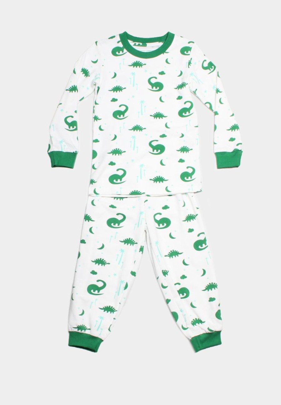 Matching Sets moleyapparels | Dino Print Pyjamas Set White/Green (Kids' Pyjamas)