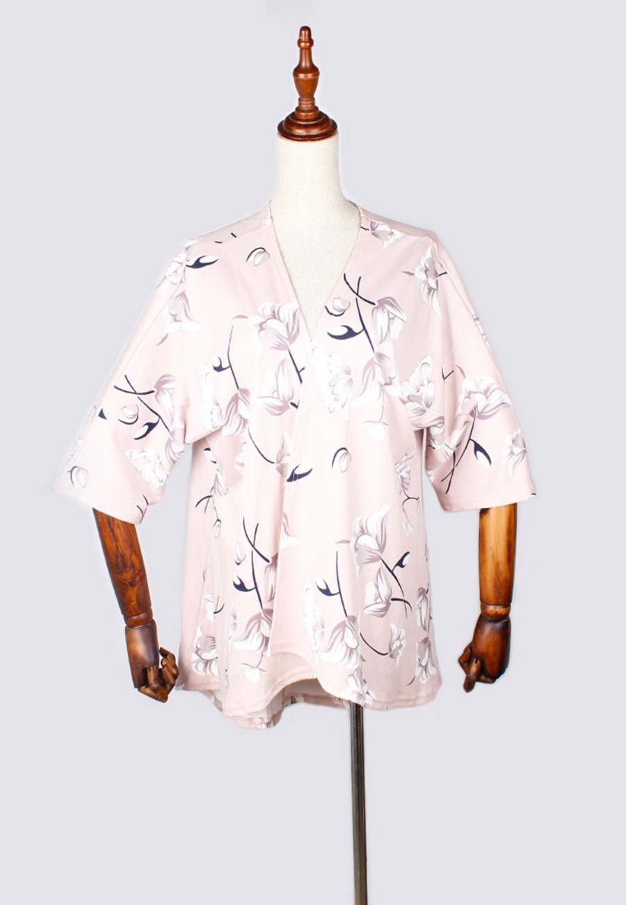 Ladies moleyapparels | Floral Print Kimono Cardigan/Outerwear Pink (Ladies' Top)