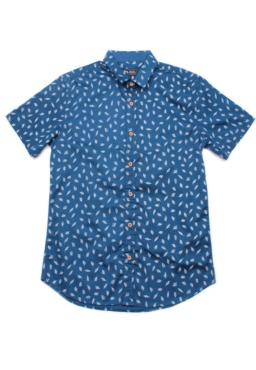 Men moleyapparels | Feather Print Short Sleeve Shirt Blue (Men'S Shirt)