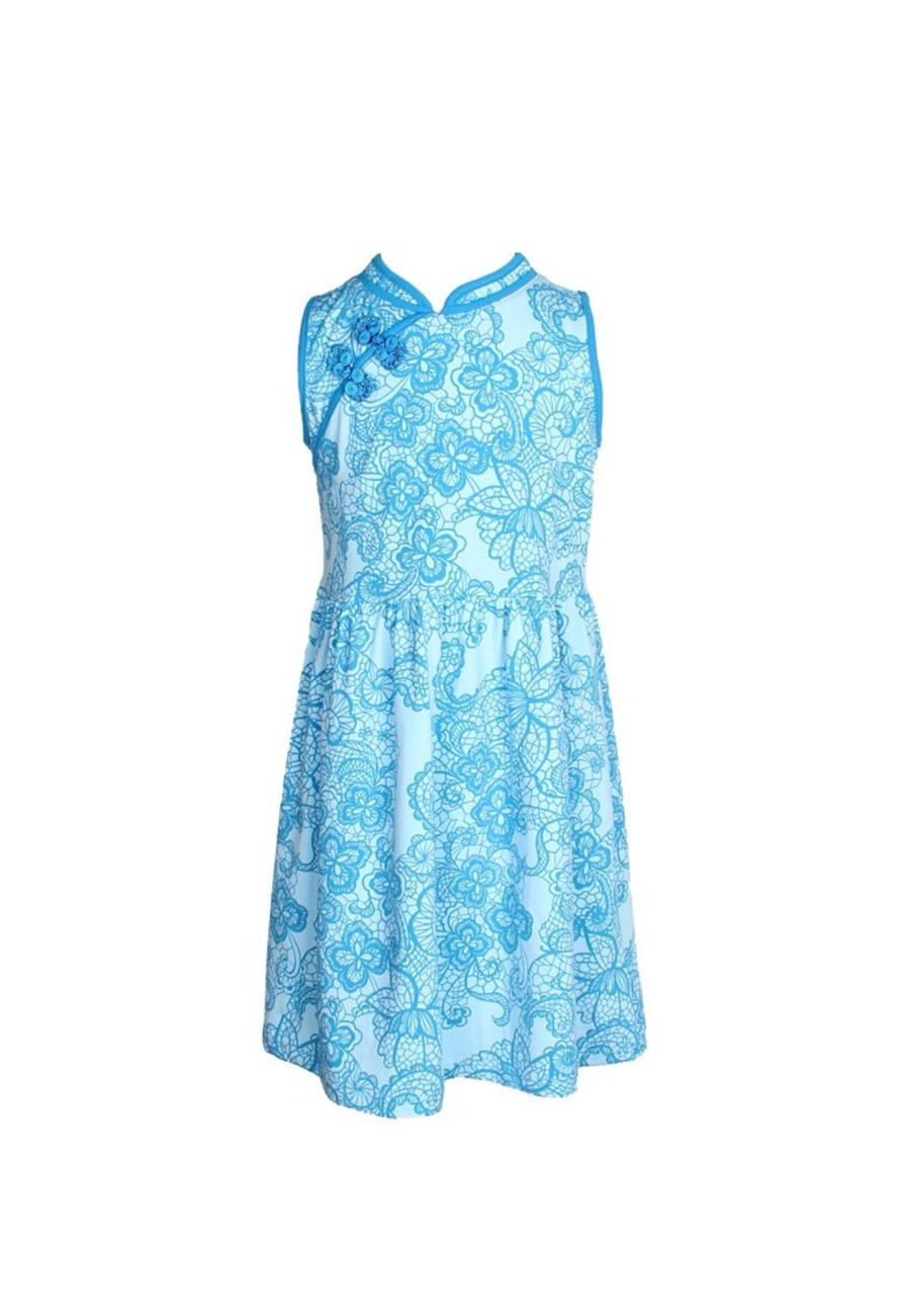 Matching Sets moleyapparels | Lace Print Cheongsam Inspired Girl'S Dress Blue