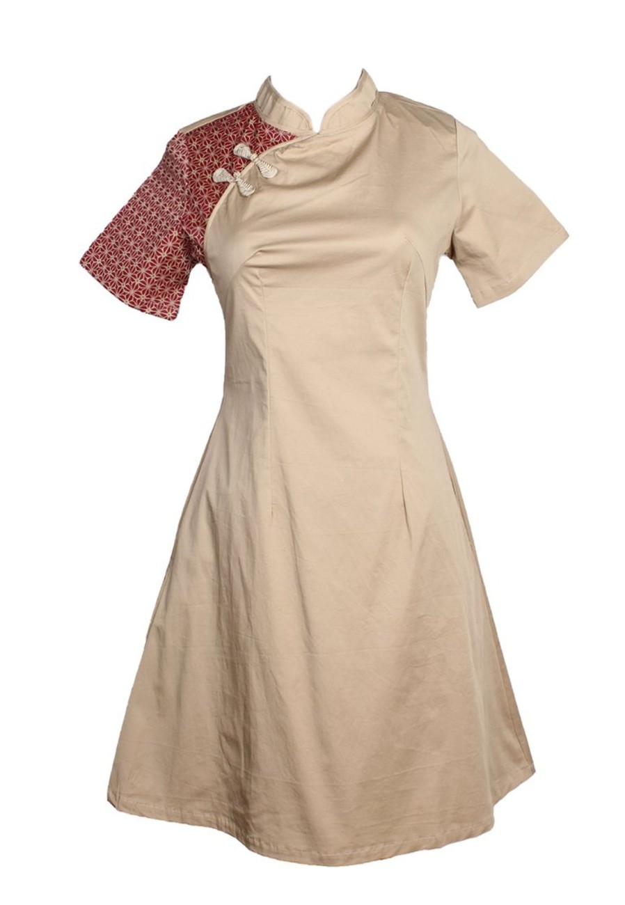 Matching Sets moleyapparels | Motif Detailed Twill Cheongsam Inspired Dress Khaki (Ladies' Dress)