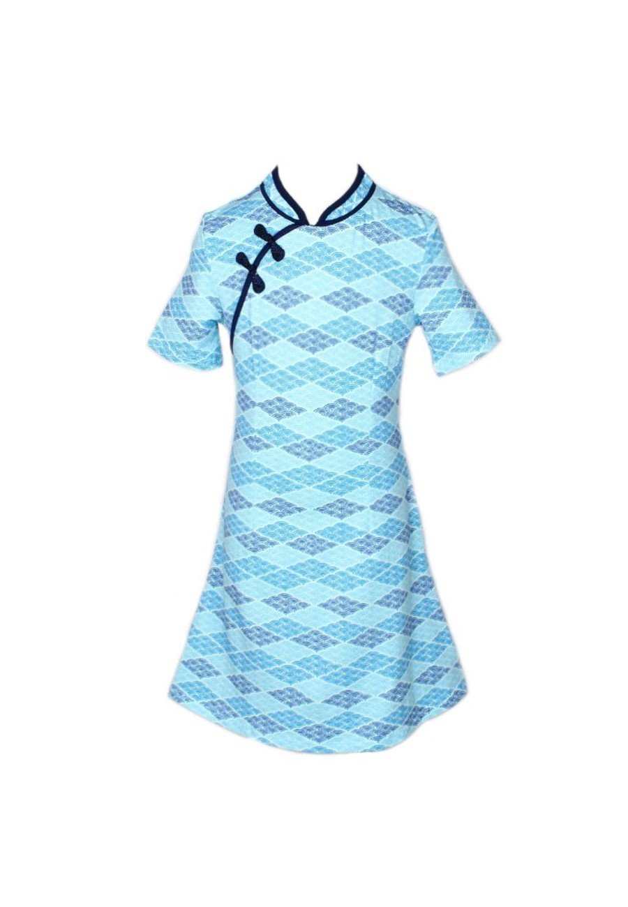 Matching Sets moleyapparels | Classic Motif Print Cheongsam Inspired Dress Blue (Girl'S Dress)