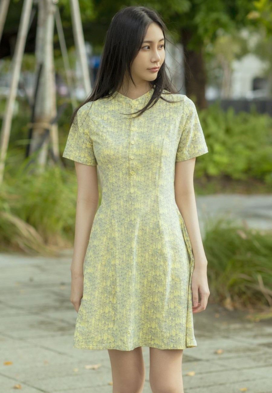 Ladies moleyapparels | Bamboo Print Half-Button Down Dress Yellow (Ladies' Dress)