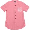 Men moleyapparels | Floral Print Pocket Mandarin Collar Short Sleeve Shirt Pink (Men'S Shirt)