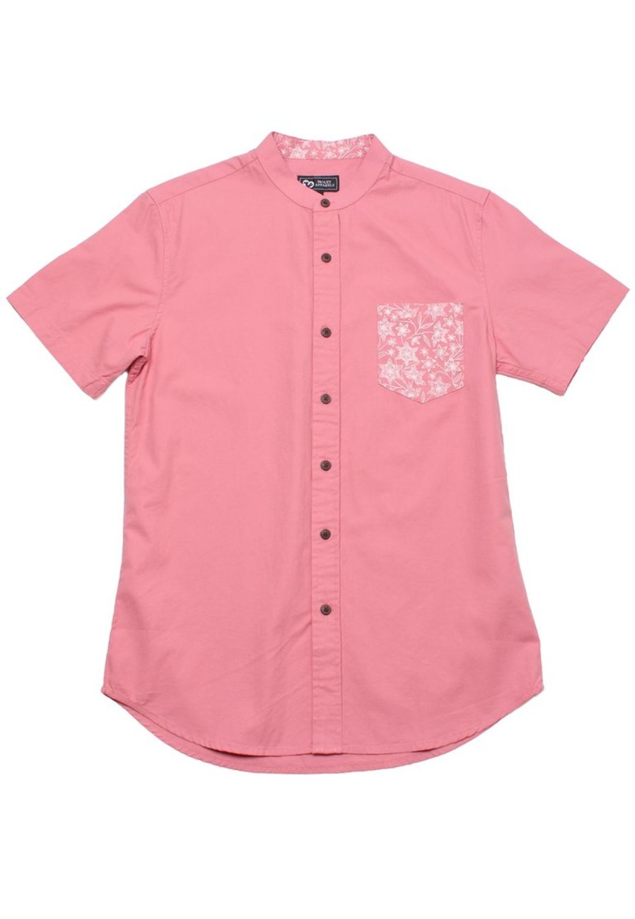 Men moleyapparels | Floral Print Pocket Mandarin Collar Short Sleeve Shirt Pink (Men'S Shirt)