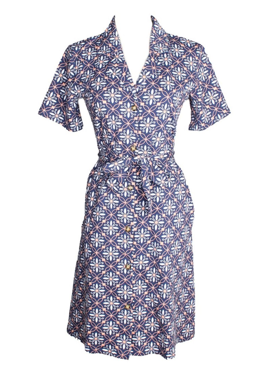 Matching Sets moleyapparels | Peranakan Inspired Print Button Down Dress Navy (Ladies' Dress)