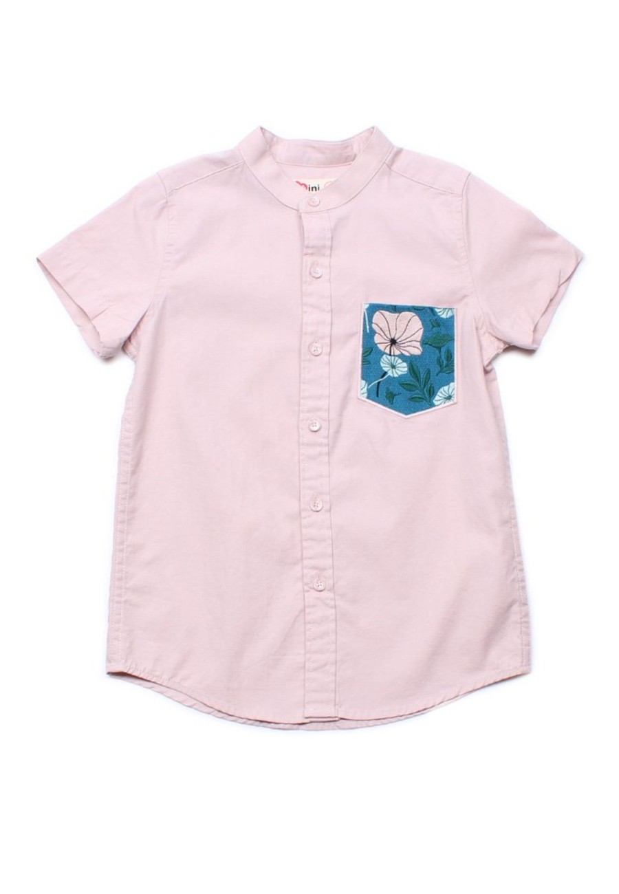 Boys moleyapparels | Lotus Foliage Embroidery Pocket Mandarin Collar Short Sleeve Shirt Pink (Boy'S Shirt)