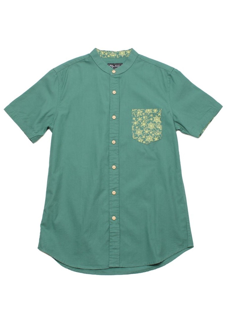 Men moleyapparels | Floral Print Pocket Mandarin Collar Short Sleeve Shirt Green (Men'S Shirt)