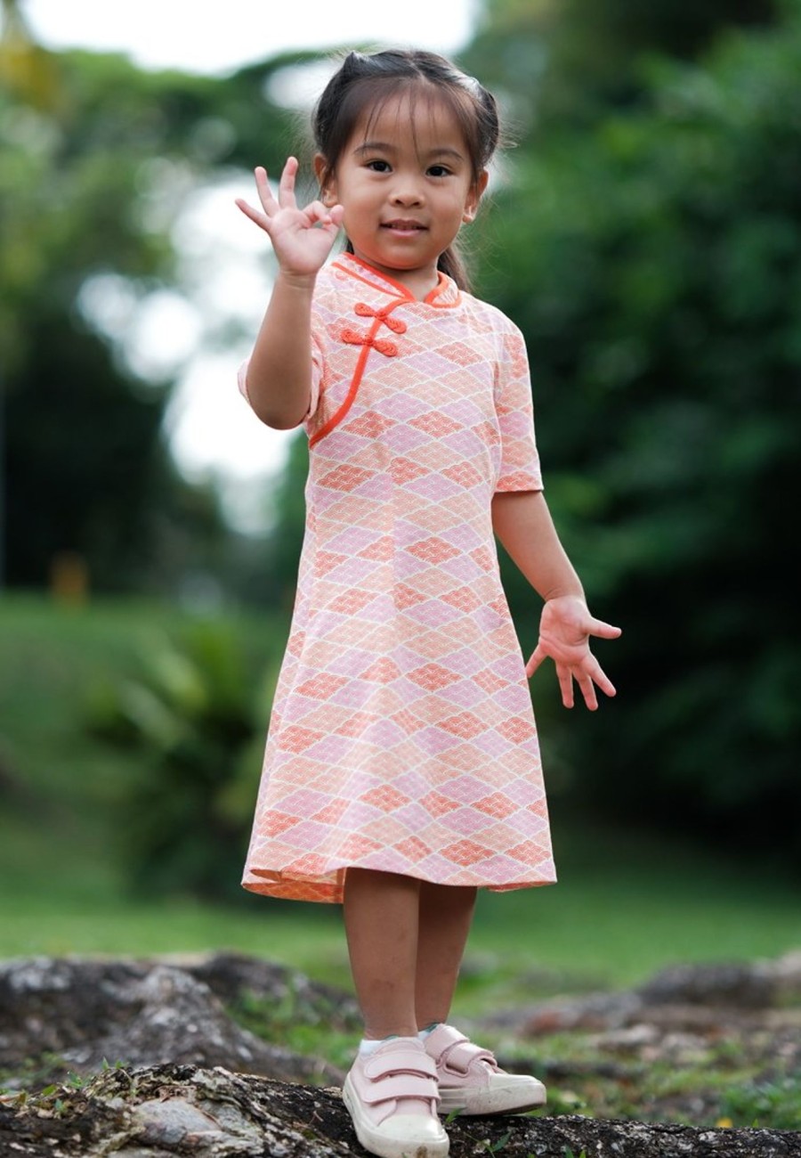 Matching Sets moleyapparels | Classic Motif Print Cheongsam Inspired Dress Pink (Girl'S Dress)