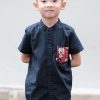 Boys moleyapparels | Lotus Foliage Embroidery Pocket Mandarin Collar Short Sleeve Shirt Navy (Boy'S Shirt)