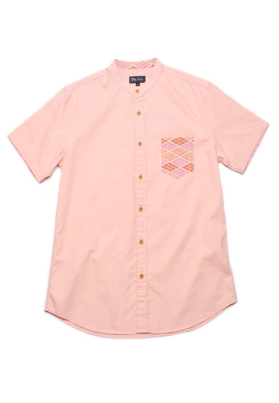 Matching Sets moleyapparels | Classic Motif Print Pocket Mandarin Collar Short Sleeve Shirt Pink (Men'S Shirt)