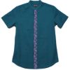 Men moleyapparels | Floral Patterned Print Mandarin Collar Short Sleeve Shirt Turquoise (Men'S Shirt