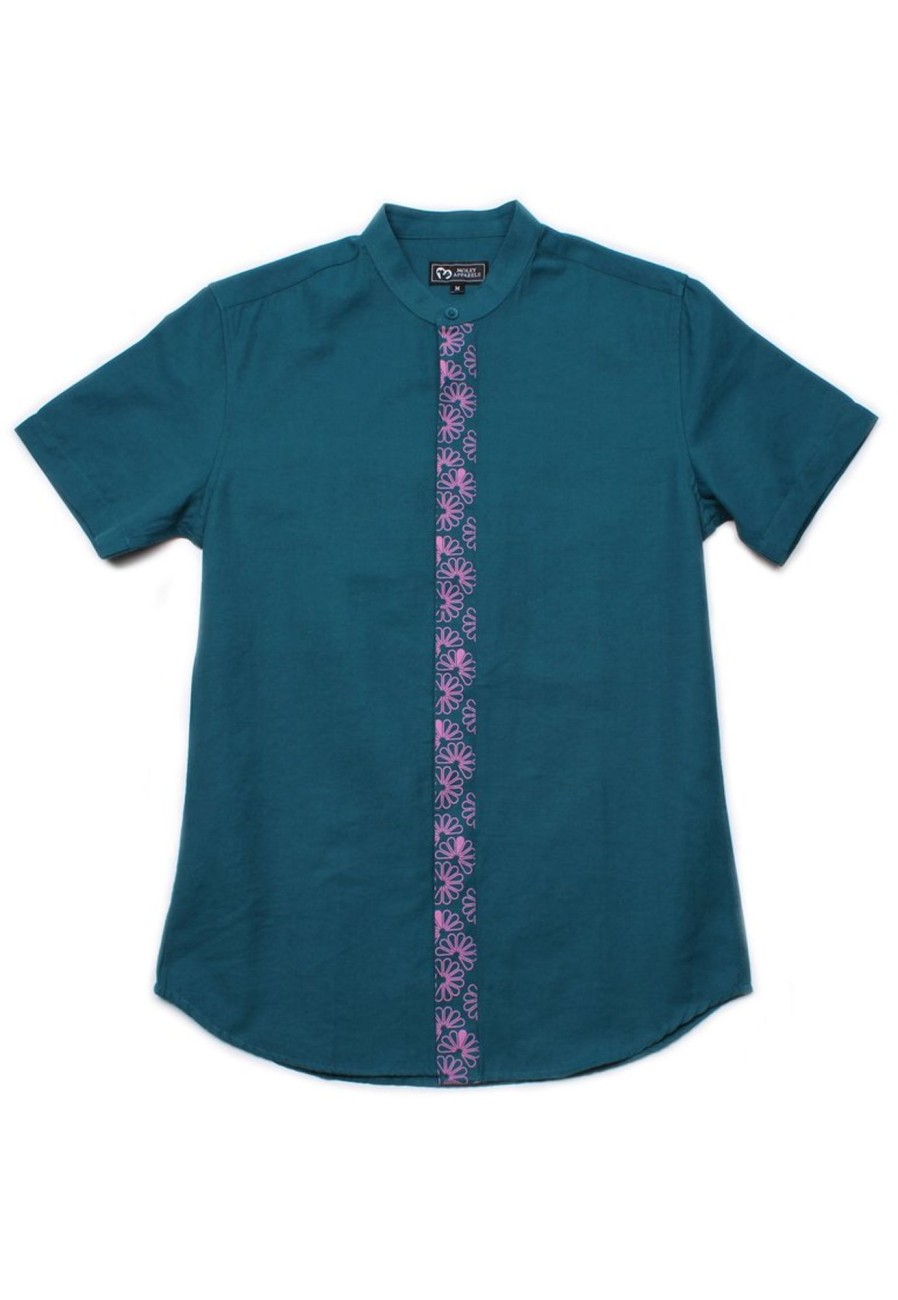 Men moleyapparels | Floral Patterned Print Mandarin Collar Short Sleeve Shirt Turquoise (Men'S Shirt