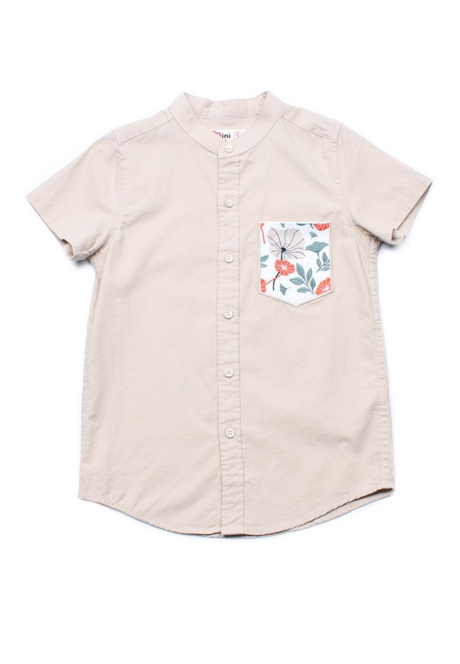 Boys moleyapparels | Lotus Foliage Embroidery Pocket Mandarin Collar Short Sleeve Shirt Khaki (Boy'S Shirt)