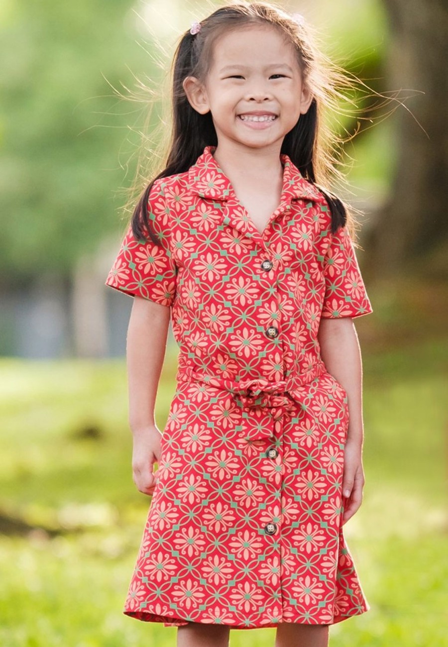 Matching Sets moleyapparels | Peranakan Inspired Print Button Down Dress Red (Girl'S Dress)