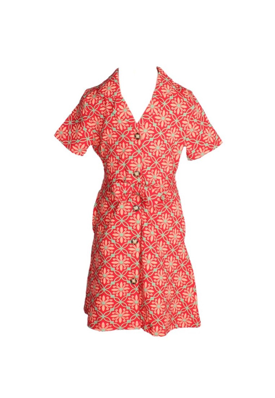 Matching Sets moleyapparels | Peranakan Inspired Print Button Down Dress Red (Girl'S Dress)