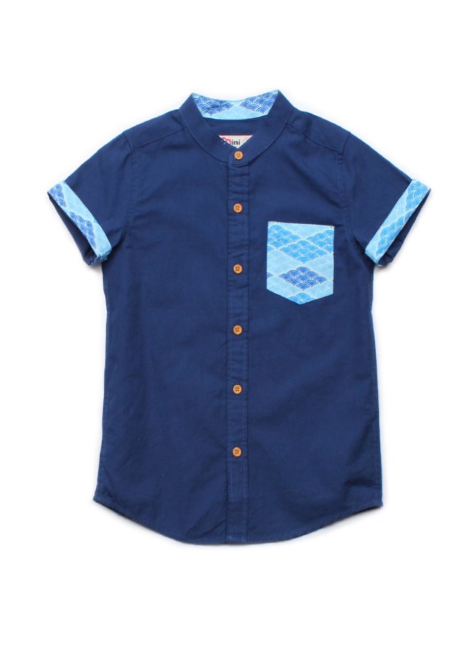 Matching Sets moleyapparels | Classic Motif Print Pocket Mandarin Collar Short Sleeve Shirt Navy (Boy'S Shirt)